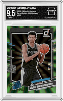 Victor Wembanyama from the 2023-24 Panini Donruss set featuring a Green Holo Laser  parallel graded by Arena Club and given an overall grade of 9.5.