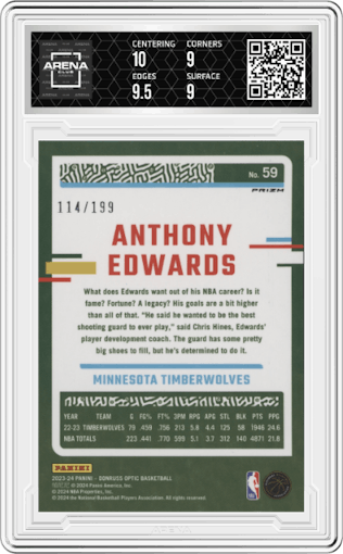  Anthony Edwards from the 2023-24 Donruss Optic set featuring a Orange Prizm parallel graded by Arena Club and given an overall grade of 9.5.