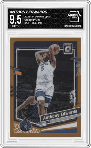  Anthony Edwards from the 2023-24 Donruss Optic set featuring a Orange Prizm parallel graded by Arena Club and given an overall grade of 9.5.