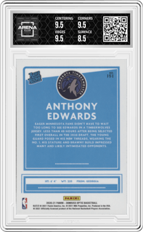 Anthony Edwards from the 2020-21 Panini Donruss Optic set graded by Arena Club and given an overall grade of 9.