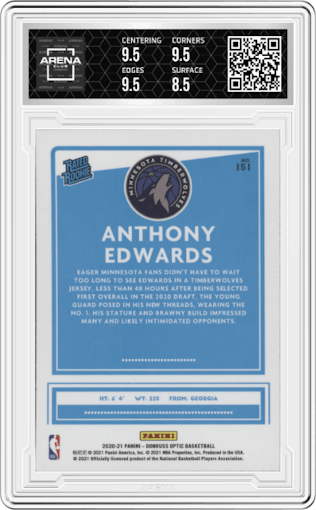 Anthony Edwards from the 2020-21 Panini Donruss Optic set graded by Arena Club and given an overall grade of 9.