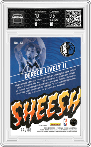 Dereck Lively II from the 2023-24 Panini Hoops Premium Stock set featuring a  Premium Red Prizm  parallel graded by Arena Club and given an overall grade of 9.5.