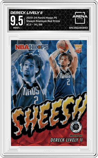 Dereck Lively II from the 2023-24 Panini Hoops Premium Stock set featuring a  Premium Red Prizm  parallel graded by Arena Club and given an overall grade of 9.5.
