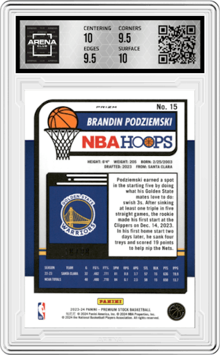 Brandin Podziemski from the 2023-24 Panini Hoops Premium Stock set featuring a Premium Red Prizm parallel graded by Arena Club and given an overall grade of 10.