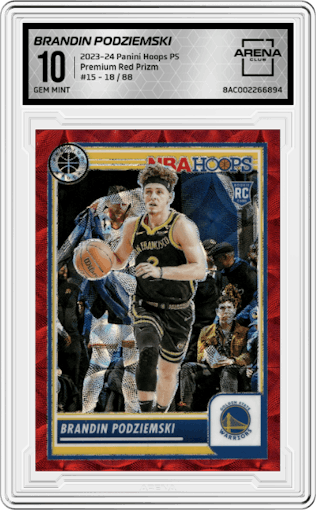 Brandin Podziemski from the 2023-24 Panini Hoops Premium Stock set featuring a Premium Red Prizm parallel graded by Arena Club and given an overall grade of 10.