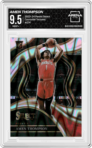 Amen Thompson from the 2023-24 Panini Select  set featuring a  Tectonic parallel graded by Arena Club and given an overall grade of 9.5.