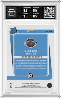 Alperen Sengun from the 2021-22 Panini Donruss set featuring a Green Holo Laser parallel graded by Arena Club and given an overall grade of 9.