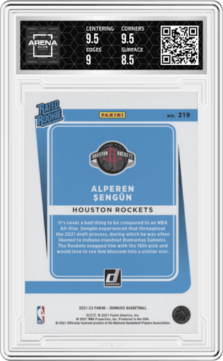 Alperen Sengun from the 2021-22 Panini Donruss set featuring a Green Holo Laser parallel graded by Arena Club and given an overall grade of 9.