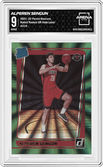 Alperen Sengun from the 2021-22 Panini Donruss set featuring a Green Holo Laser parallel graded by Arena Club and given an overall grade of 9.