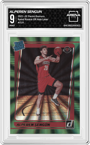Alperen Sengun from the 2021-22 Panini Donruss set featuring a Green Holo Laser parallel graded by Arena Club and given an overall grade of 9.