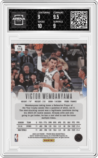 Victor Wembanyama from the 2023-24 Panini Prizm Deca set graded by Arena Club and given an overall grade of 9.5.