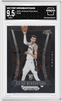 Victor Wembanyama from the 2023-24 Panini Prizm Deca set graded by Arena Club and given an overall grade of 9.5.