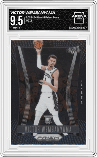 Victor Wembanyama from the 2023-24 Panini Prizm Deca set graded by Arena Club and given an overall grade of 9.5.