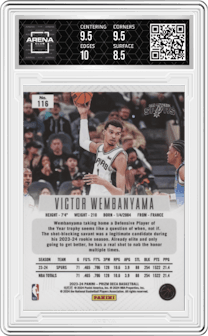 Victor Wembanyama from the 2023-24 Panini Prizm Deca set graded by Arena Club and given an overall grade of 9.