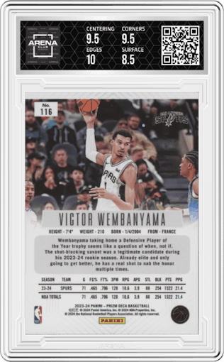 Victor Wembanyama from the 2023-24 Panini Prizm Deca set graded by Arena Club and given an overall grade of 9.