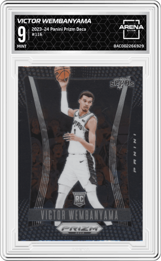 Victor Wembanyama from the 2023-24 Panini Prizm Deca set graded by Arena Club and given an overall grade of 9.