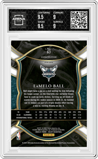 LaMelo Ball from the 2020-21 Panini Select  set featuring a Green/White/Purple Prizm  parallel graded by Arena Club and given an overall grade of 9.5.