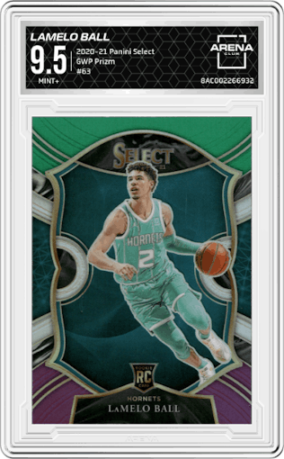 LaMelo Ball from the 2020-21 Panini Select  set featuring a Green/White/Purple Prizm  parallel graded by Arena Club and given an overall grade of 9.5.