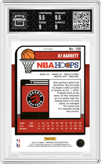 RJ Barrett from the 2023-24 Panini Hoops Premium Stock set featuring a Premium Tiger Prizm parallel graded by Arena Club and given an overall grade of 9.5.