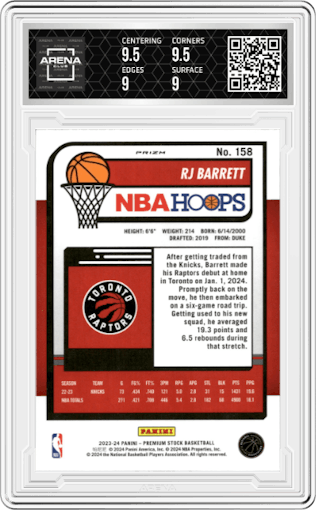 RJ Barrett from the 2023-24 Panini Hoops Premium Stock set featuring a Premium Tiger Prizm parallel graded by Arena Club and given an overall grade of 9.5.