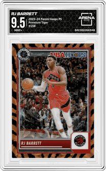 RJ Barrett from the 2023-24 Panini Hoops Premium Stock set featuring a Premium Tiger Prizm parallel graded by Arena Club and given an overall grade of 9.5.