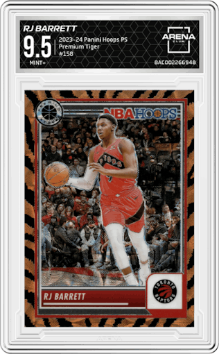 RJ Barrett from the 2023-24 Panini Hoops Premium Stock set featuring a Premium Tiger Prizm parallel graded by Arena Club and given an overall grade of 9.5.