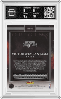 Victor Wembanyama from the 2023-24 Panini Origins set graded by Arena Club and given an overall grade of 9.5.