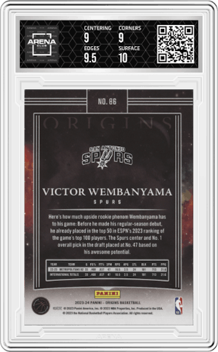 Victor Wembanyama from the 2023-24 Panini Origins set graded by Arena Club and given an overall grade of 9.5.