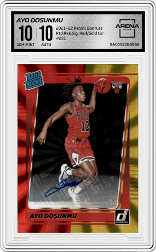 Ayo Dosunmu from the 2021-22 Panini Donruss set featuring a Red/Gold Holo Laser parallel graded by Arena Club and given an overall grade of 10.