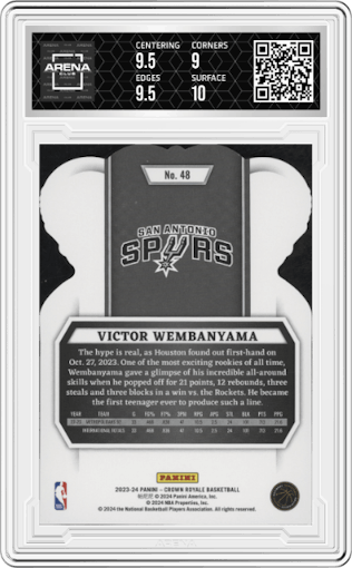 Victor Wembanyama from the 2023-24 Panini Crown Royale  set graded by Arena Club and given an overall grade of 9.5.