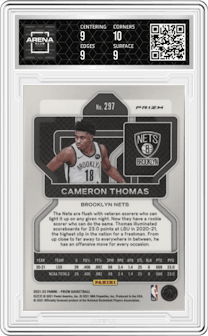 Cameron Thomas from the 2021-22 Panini Prizm  set featuring a Silver Prizm parallel graded by Arena Club and given an overall grade of 9.
