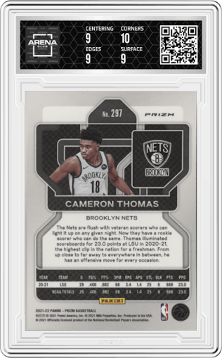 Cameron Thomas from the 2021-22 Panini Prizm  set featuring a Silver Prizm parallel graded by Arena Club and given an overall grade of 9.