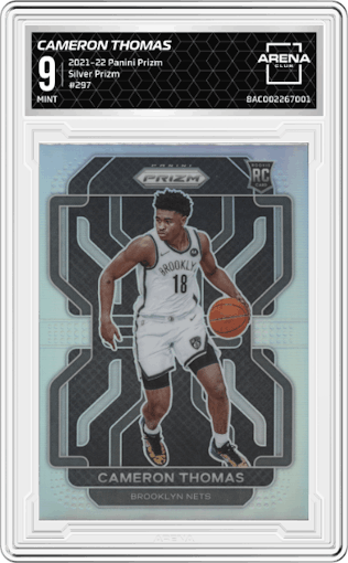 Cameron Thomas from the 2021-22 Panini Prizm  set featuring a Silver Prizm parallel graded by Arena Club and given an overall grade of 9.