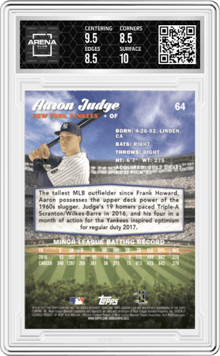 Aaron Judge from the 2017 Topps Stadium Club set graded by Arena Club and given an overall grade of 9.