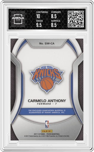 Carmelo Anthony from the 2017-18 Panini Prizm  set graded by Arena Club and given an overall grade of 9.
