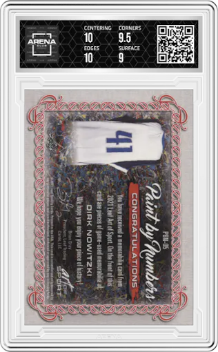 Dirk Nowitzki from the 2021 Leaf Art of Sport set featuring a Purple Holofoil parallel graded by Arena Club and given an overall grade of 9.5.
