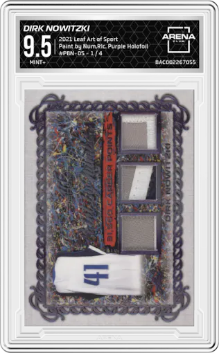 Dirk Nowitzki from the 2021 Leaf Art of Sport set featuring a Purple Holofoil parallel graded by Arena Club and given an overall grade of 9.5.