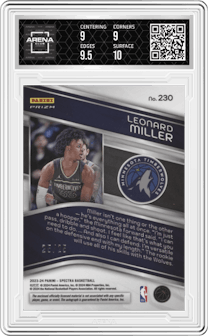 Leonard Miller from the 2023-24 Panini Spectra set featuring a Meta parallel graded by Arena Club and given an overall grade of 9.5.