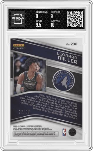 Leonard Miller from the 2023-24 Panini Spectra set featuring a Meta parallel graded by Arena Club and given an overall grade of 9.5.