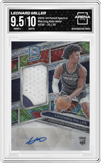 Leonard Miller from the 2023-24 Panini Spectra set featuring a Meta parallel graded by Arena Club and given an overall grade of 9.5.