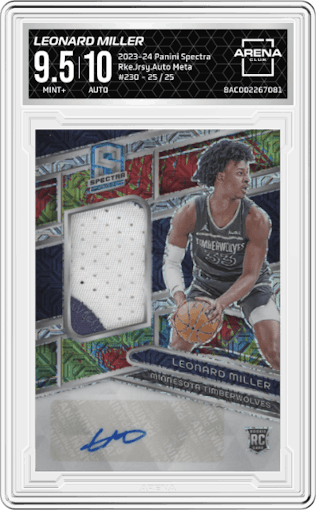 Leonard Miller from the 2023-24 Panini Spectra set featuring a Meta parallel graded by Arena Club and given an overall grade of 9.5.