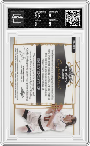 Emily Engstler from the 2022-23 Leaf Trinity set featuring a Blue parallel graded by Arena Club and given an overall grade of 9.