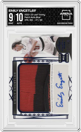 Emily Engstler from the 2022-23 Leaf Trinity set featuring a Blue parallel graded by Arena Club and given an overall grade of 9.