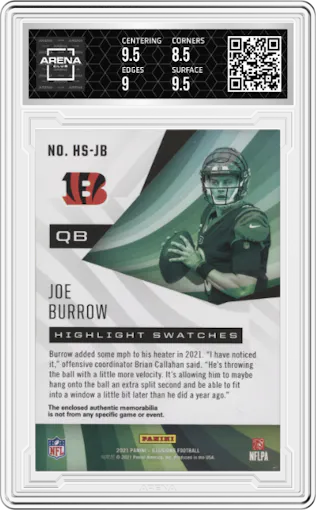 Joe Burrow from the 2021 Panini Illusions set featuring a Red parallel graded by Arena Club and given an overall grade of 9.