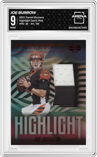 Joe Burrow from the 2021 Panini Illusions set featuring a Red parallel graded by Arena Club and given an overall grade of 9.