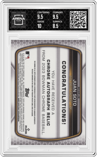 Juan Soto from the 2023 Bowman Chrome set graded by Arena Club and given an overall grade of 9.