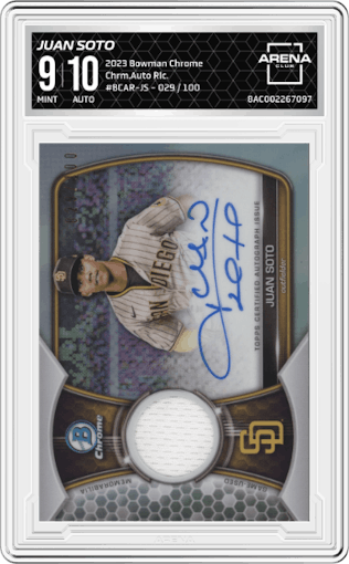 Juan Soto from the 2023 Bowman Chrome set graded by Arena Club and given an overall grade of 9.