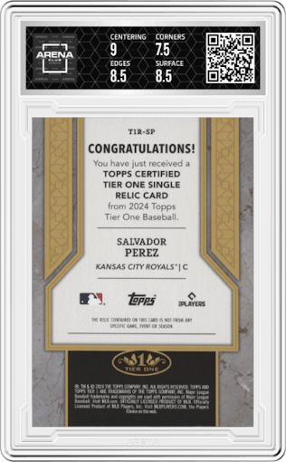 Salvador Perez from the 2024 Topps Tier One  set featuring a Purple Foil parallel graded by Arena Club and given an overall grade of 8.