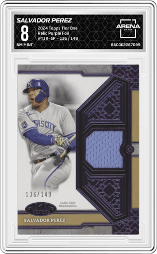 Salvador Perez from the 2024 Topps Tier One  set featuring a Purple Foil parallel graded by Arena Club and given an overall grade of 8.