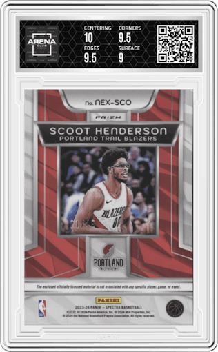 Scoot Henderson from the 2023-24 Panini Spectra set featuring a Astral parallel graded by Arena Club and given an overall grade of 9.5.